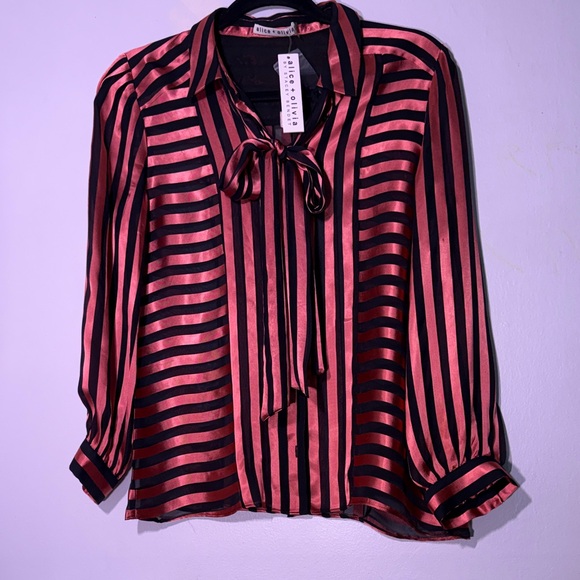 NWT Alice & Olivia Silk Pink and Black Striped Tie-Neck Blouse medium - Picture 4 of 8